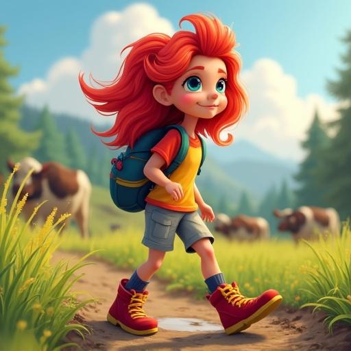 Cartoon girl with red and yellow hair walking in muddy cow field. She wears a colorful shirt and cargo shorts. Bright sunlit outdoors with cows in the background.