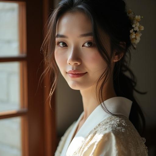 East Japanese woman with soft eyes and a gentle smile. Natural light highlights the elegant posture and outfit design. Hair is loose and cascading. Soft lighting and dramatic shadows enhance features.
