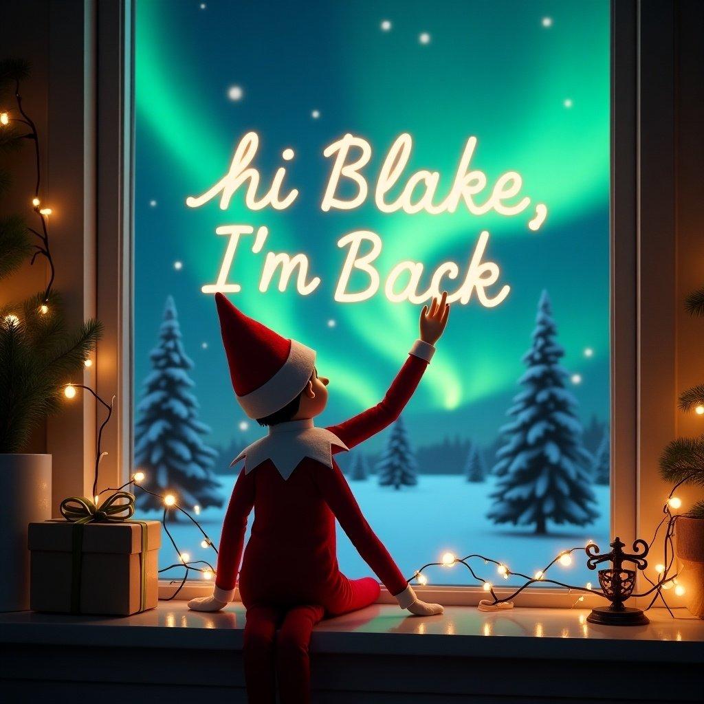 This enchanting Christmas scene features an elf on the shelf, dressed in red and white, with his back turned to the viewer. He is capturing attention as he writes 'hi Blake, I'm Back' in glowing letters against a backdrop of vibrant northern lights. The window frame is adorned with festive decorations, enhancing the atmosphere of warmth and cheer. This magical setting is alive with the joy of the holiday season. The elf's action creates an engaging sense of wonder, inviting viewers to share in the festive excitement. The scene beautifully encapsulates the spirit of Christmas with a whimsical touch.