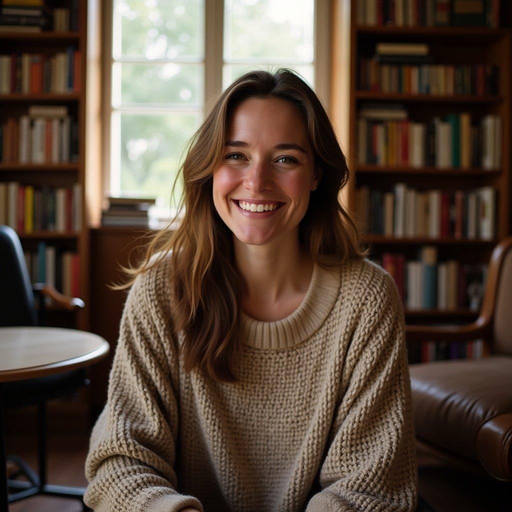 A lady is seated in a cozy room filled with bookshelves. She wears a cozy sweater. Sunlight enters through the window, illuminating her surroundings.