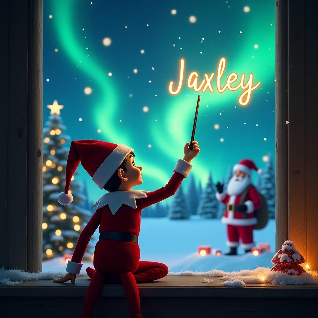 Elf in red and white sitting by a window. Elf turning back, using magical wand to write in the night sky. Magical Christmas backdrop with northern lights and Santa in the distance. Names Jack and Jaxley appear in the air.