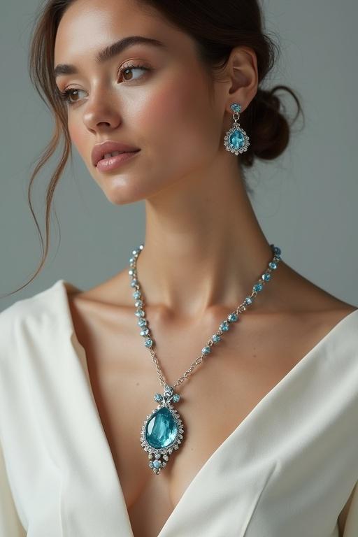 Editorial portrait of a fashion model. Wearing a bold aquamarine pendant necklace. Focus on jewelry. Model's pose adds elegance and movement. Soft grey or off-white studio background. Professional lighting highlights gemstone facets.