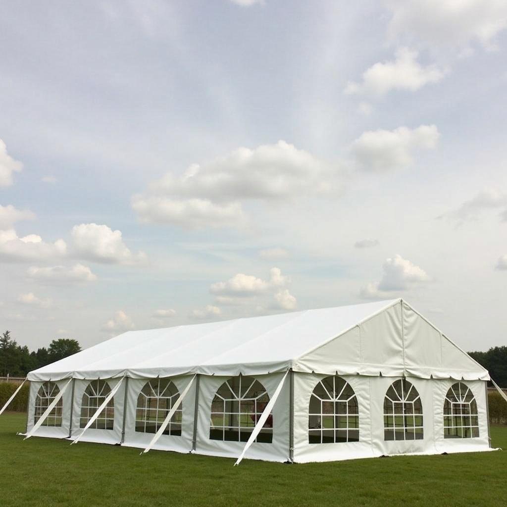 120x60 tent with white ceiling drape in an outdoor setting. Tent features windows and is placed on green grass under a blue sky with clouds.