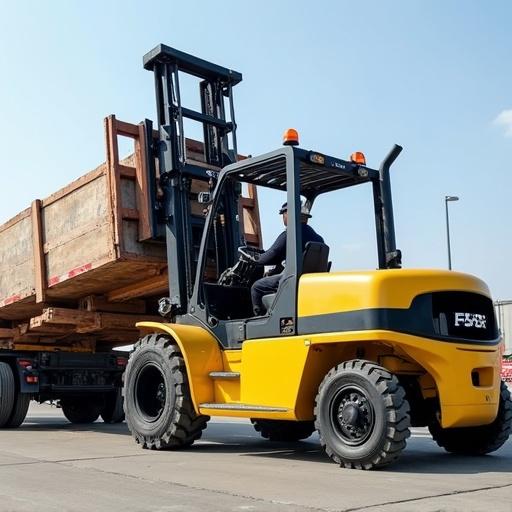 A yellow Yale forklift operates in a yard. The forklift lifts the neck section of a heavy haulage trailer. The view is from the ground. The forklift's tires are on the pavement. The trailer is made of wood. The sky is clear with a few clouds.