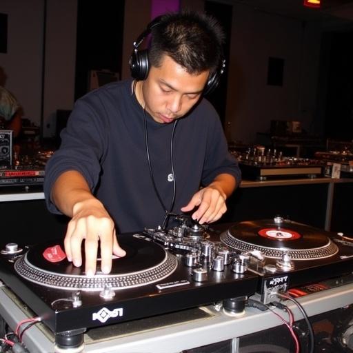 DJ Daren Chin from Singapore mixing music on two turntables at high speed. Performing impressive turntable tricks during a DJ competition in 1992. Focus on the DJ's technique and the equipment used.