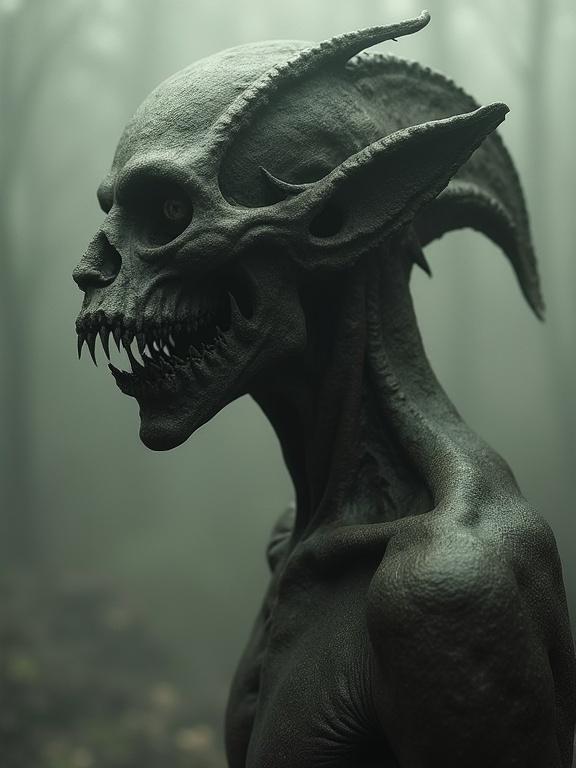 Gargoyle figure in wet plate photography style. Creature shows sharp teeth and elongated features. Dark misty background enhances eerie atmosphere. Captures gritty details and haunting expressions.