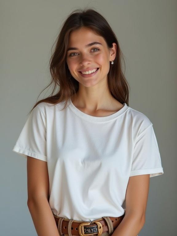 Portrait of a young woman in a white t-shirt smiling with a soft background. She has long brown hair and wears a brown belt.