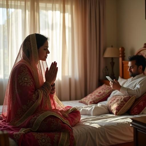 Modest Pakistani bedroom lit by natural daylight. Woman in colourful shalwar kameez with dupatta sits on bed. Hands raised in heartfelt dua. Eyes filled with sorrow and hope pleading for blessing of a child. Husband reclines using mobile phone, quietly supportive. Room features typical Pakistani decor.