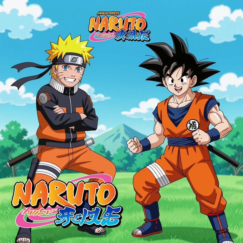 Anime characters engaged in a showdown. Bright colors and action poses. Naruto in his ninja outfit. Goku in his orange training gi. Lush green landscape in the background. Classic anime style.