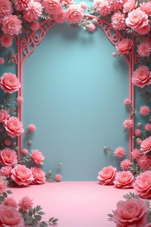 3D animated background with a chalkboard for a classroom. Floral decorations frame the board, creating a vibrant learning environment. Soft pastel colors enhance the inviting atmosphere.