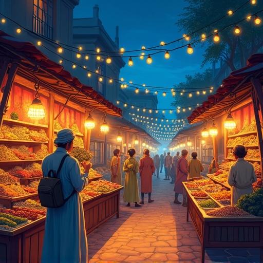 Illustration of a nighttime street market. String lights illuminate the scene. Characters from various cultures browse colorful stalls. Warm, painterly style with rich jewel tones. Vendor stalls display spices, lanterns, instruments, and books. Hidden characters tell a visual story throughout the market.