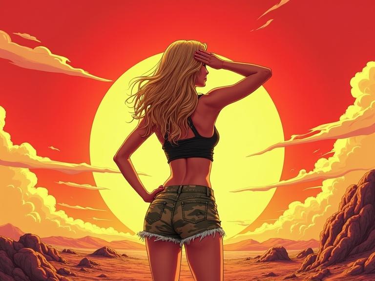Striking picture of a woman in torn camo shorts saluting a horizon. Comic book style image. Bold red and gold palette with retro-futuristic military aesthetic.
