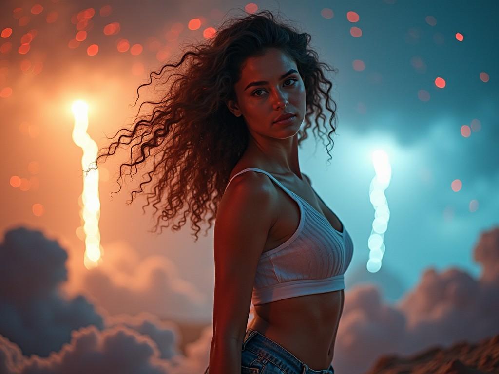 A portrait of a woman with a dreamy expression, bathed in warm and cool lighting. Her face is gently highlighted by an orange glow, contrasting with the blue lightning-like effects in the background. The lighting creates an enchanting atmosphere, accentuated by particles that give the image a magical feel.