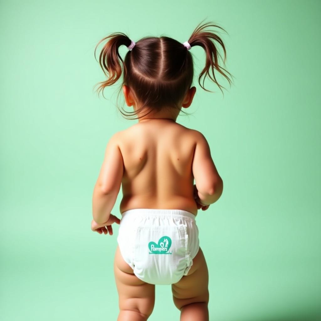 This image features a cute toddler with brown hair styled in playful ponytails. She is wearing a Pampers diaper and is depicted from the back, emphasizing the diaper's branding. The background is a soft mint green color, providing a gentle, warm atmosphere that enhances the innocence of childhood. The toddler's chubby limbs give a sense of playfulness and carefree spirit. This image captures the joyful essence of early childhood, making it a great fit for parenting and baby product marketing.