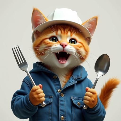 A semi-realistic cat with an excited expression holds a fork and spoon. The cat has a fluffy orange coat, is wearing a white hard hat, and a blue work jacket. The tail is wagging.