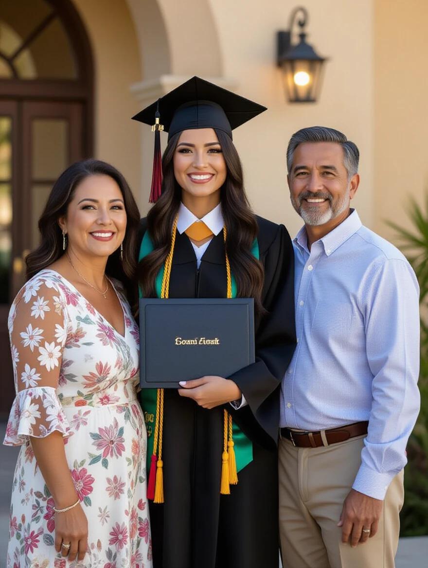 Graduate standing with family outside venue. Mother and father beside. Graduate in center holding diploma. Warm tones and natural daylight. Family looks proud and joyful. Medium shot, realistic details.