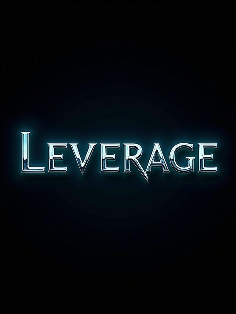 3D chrome letters spell Leverage Group. Text glows with blue and teal light. Black background enhances design. Evokes elegance and sophistication. Letters reflective and uniform in size. Creates luxurious contrast.