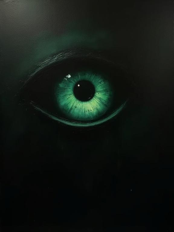 An extremely rough oil painting on a completely black background. A giant silhouette eye emerges from the top right corner diagonally. The eye is filled with a cosmic void of Lovecraftian eerie green.