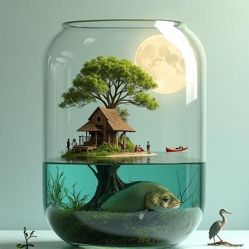 A detailed miniature ecosystem in a clear glass container. An island with a large tree and wooden treehouse is at the center. Small figures relax on the island. Beneath the water, there is a large fish and aquatic plants. A canoe is visible, and a heron perches nearby. A luminous full moon shines in the soft sky. The scene is calm and serene.