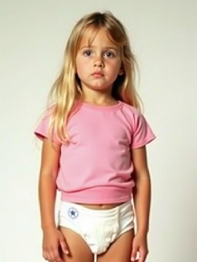 A seven-year-old girl stands with long blond hair. She wears a pink t-shirt and a diaper. She has a worried expression but is in a relaxed pose. The background is simple to accentuate her outfit.