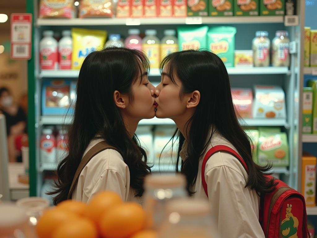 The image captures a tender moment between two young people sharing a gentle kiss in a grocery store aisle. Behind them, shelves are lined with various food products, creating a backdrop of everyday life. The warm lighting casts a soft glow, enhancing the intimate atmosphere of the scene.