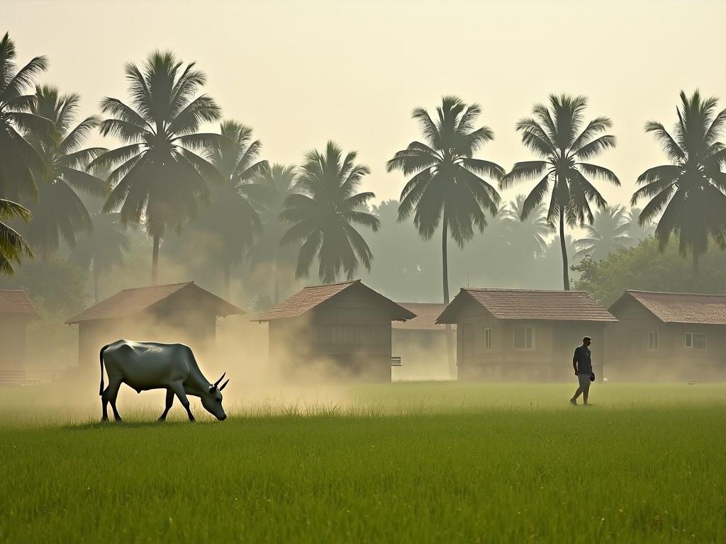 This image depicts a beautiful countryside setting. A white cow is grazing in a lush green field, embodying rural tranquility. In the background, traditional wooden huts are nestled amongst tall palm trees. A person is seen walking slowly through the scene, adding to the peaceful atmosphere. The soft dust in the air creates a serene, dreamy effect, enhancing the natural beauty of the landscape.