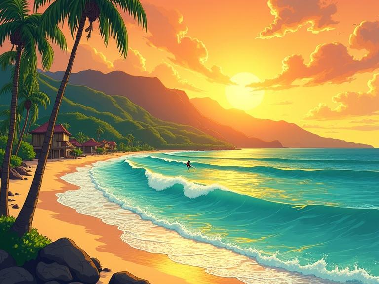 A picturesque tropical beach scene in Hawaii during sunset. Golden skies are reflected on turquoise waters. Palm trees are swaying gently. Surfers are visible riding waves in the distance. Lush green mountains rise in the background and traditional Hawaiian huts line the shoreline. The atmosphere is peaceful and vibrant, showcasing the beauty of Hawaii.
