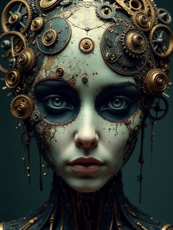 Cinematic portrait of an intricate humanoid figure. Face adorned with gears and cogs. Features include deep eyes and mechanical details. Background is dark and enigmatic. Blends organic and mechanical elements elegantly.