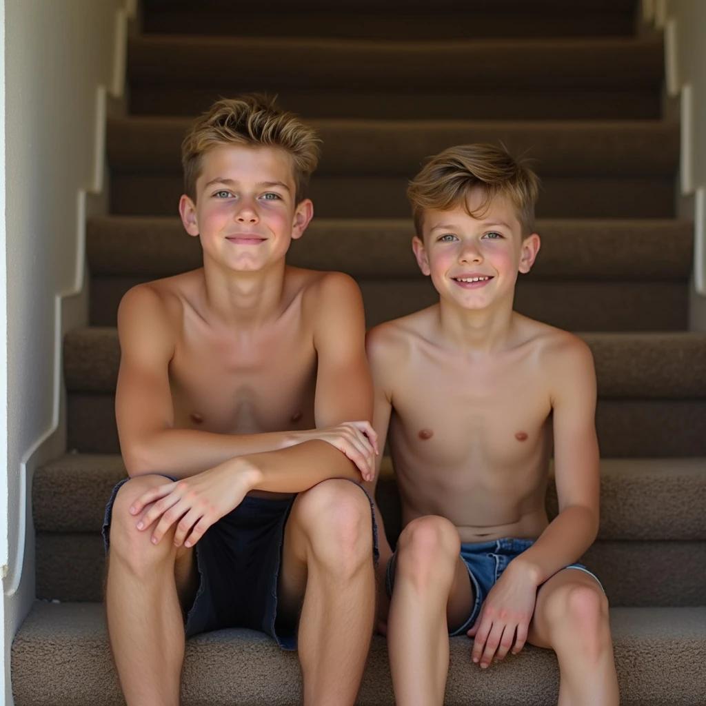 Portrait captured on steps with two boys sitting together. Scene shows boys with casual and relaxed expressions. They are shirtless and display youthful energy. Warm and inviting atmosphere surrounding them.