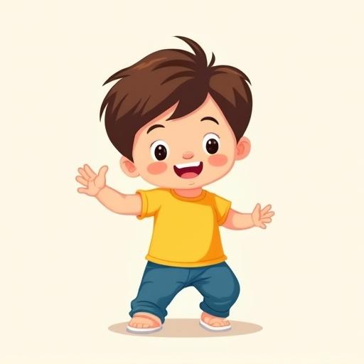 Cheerful 3-year-old boy with short brown hair. Wearing bright yellow t-shirt and blue pants. Round face with curious eyes. Energetic and playful. Flat cartoon style with soft pastel colors.