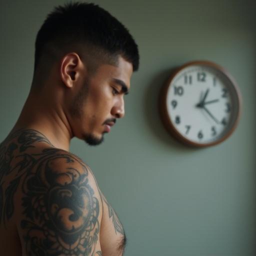 Side view image of young adult Indian man. Expression shows nervousness. Tattoo visible on his right forearm. Clock on wall in background ticking.