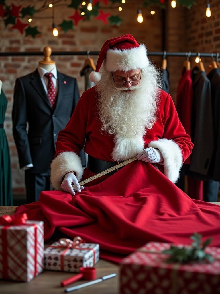 Santa Claus measures large piece of red fabric using tape measure preparing to tailor festive suit. Background shows wedding suits on racks tailoring tools like measuring tapes scissors and fabric samples. Scene is cozy with wrapped gifts and festive elements like holly and snowflakes. Overall atmosphere is warm cheerful and festive.