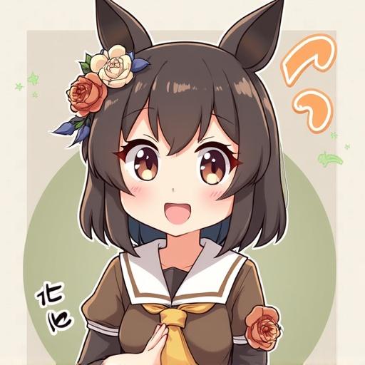 Anime character with floral hair accessories. It features a cute girl with a cheerful expression. The style is vibrant and playful in design. Soft colors create a warm background. The character's outfit includes a brown dress with a bow.