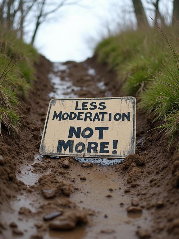 A sign that reads 'Less Moderation, Not More!' is placed on a muddy hill. The scene shows natural surroundings with grass and dirt.