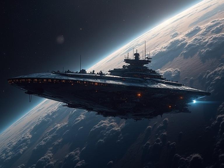 Hyper-realistic sci-fi illustration of a giant spaceship in space. Dramatic background with a planet visible and clouds surrounding. Vibrant colors and intricate details on the spacecraft.