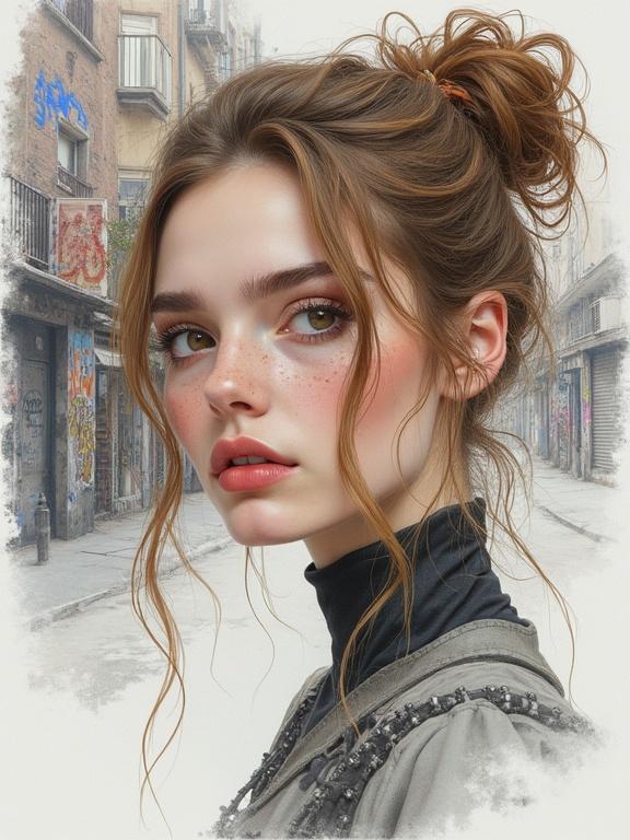 Portrait of a young woman with light freckles. Stylish appearance with a punk influence. Background features a gritty cityscape. Focus on facial beauty and details. Captures soft lighting and minimalism.