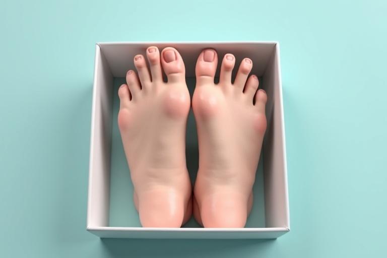 A pair of realistic female feet inside a box. The feet look well-groomed. The background is pastel blue.