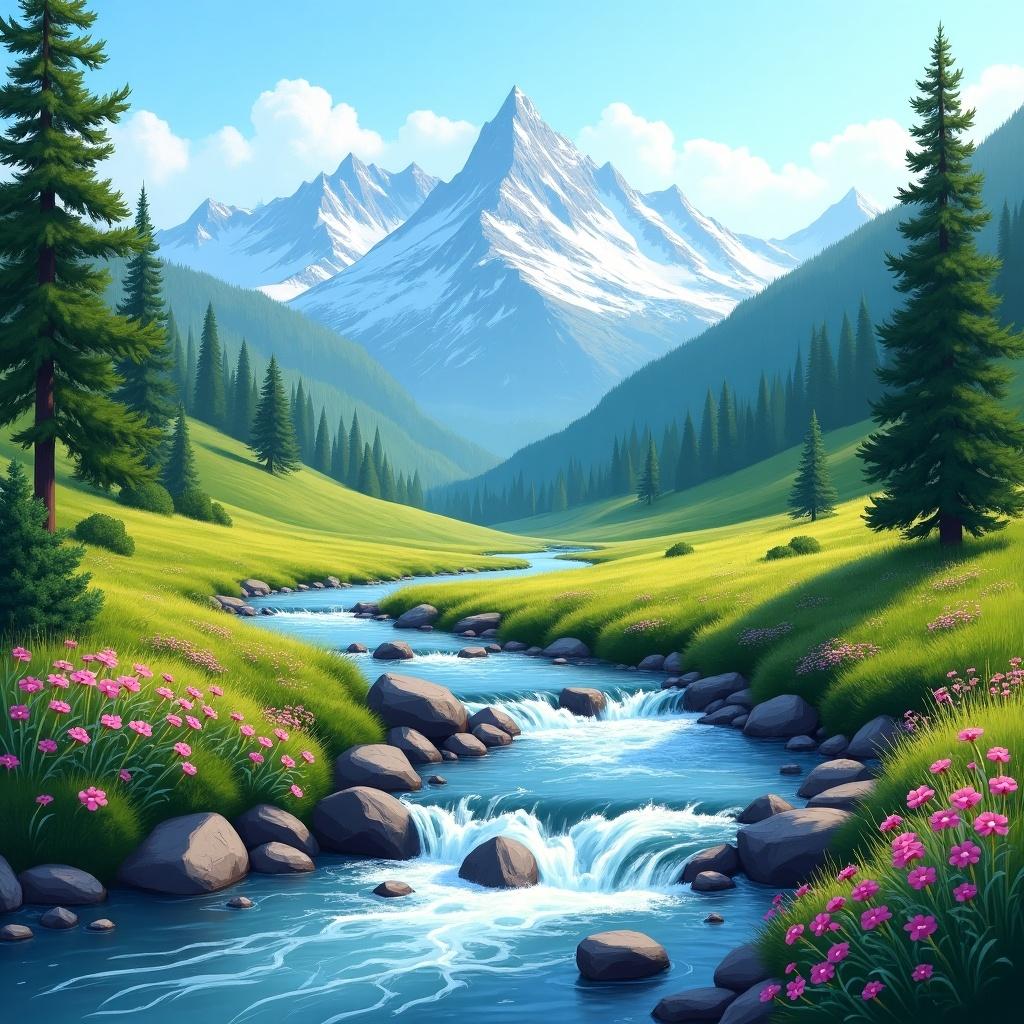 A serene landscape with a flowing stream. The scene features lush greenery and a backdrop of snow-capped mountains. The clear stream flows over smooth rocks. Also visible are clusters of vibrant pink and purple flowers lining the banks. The sky is blue with soft clouds.