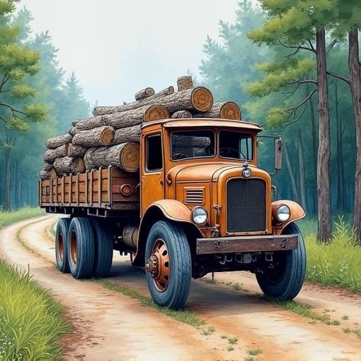 A vintage logging truck stands on a dirt path in a forest. The truck is loaded with logs and made of wood. The scene is a watercolor painting with pencil outlines in dark blue. The forest surrounding the path creates a tranquil atmosphere.