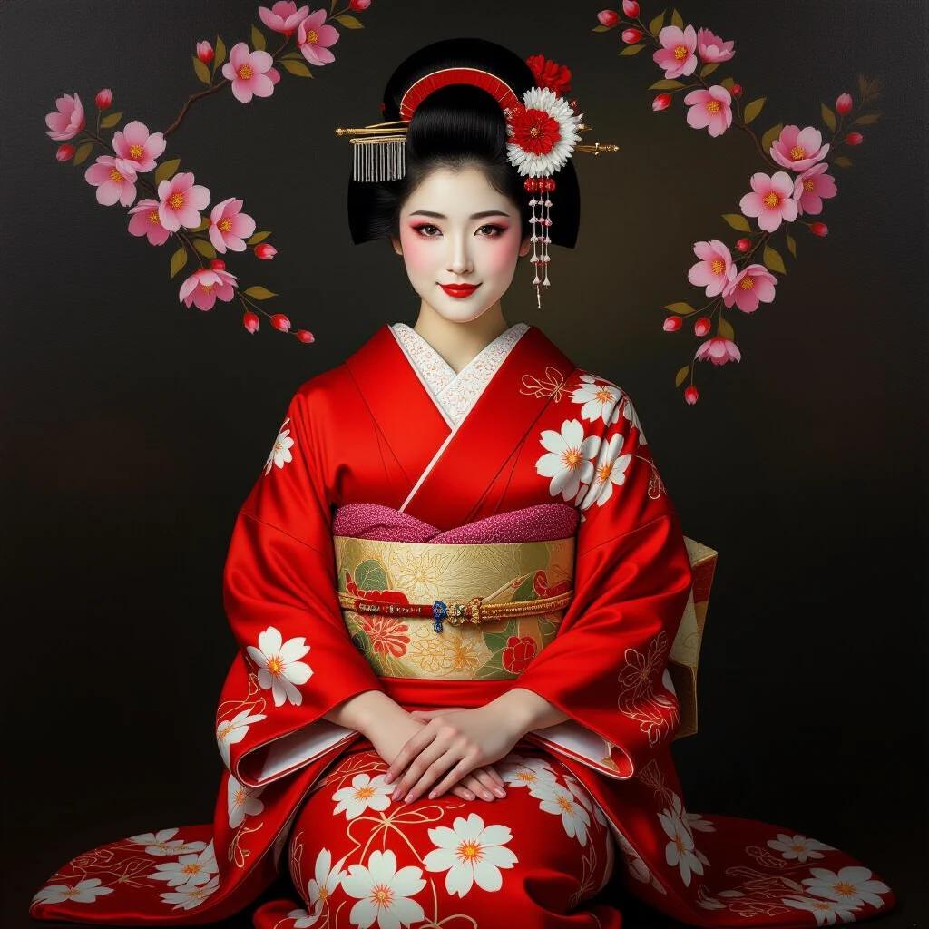Oil painting of a girl in traditional Japanese geisha outfit. Red kimono with floral pattern. White tabi socks. Elegant posture with hands gently clasped. Subtle smile. Refined hairstyle with okobo accessory. Dark background with soft lighting. Detailed textures. High-quality art. Cinematic composition. 8k.