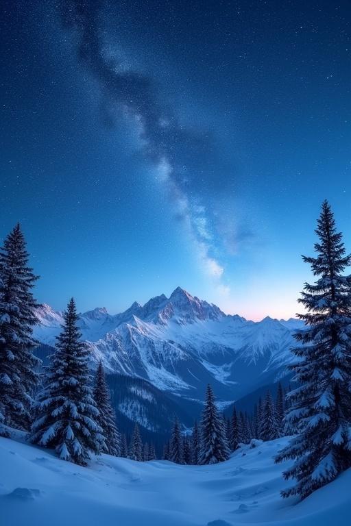 Vivid view of a starry sky over snowy mountains. Pine trees line the foreground. Clear blue atmosphere at midnight. The Milky Way glows brightly above the peaks.