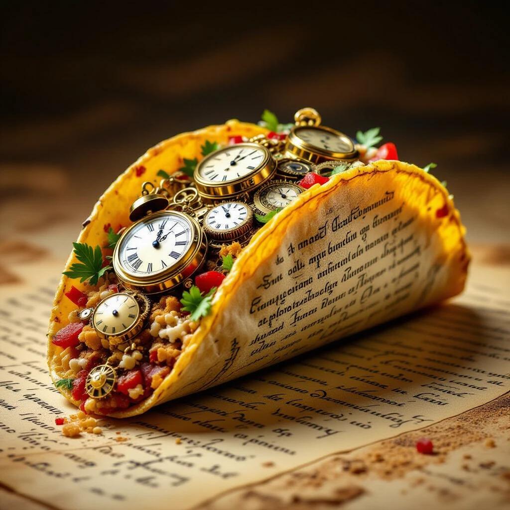 Surreal taco is crafted from ancient parchment. Taco shell displays glowing runes. Filling includes antique clocks and shifting sand. Art style is Dali-esque surrealism.