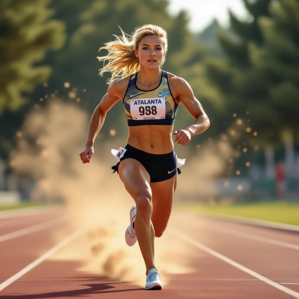 Photorealistic female athlete sprinting on sports ground. Golden hair flowing in the wind. Toned muscles in motion. Dust rising behind. Sunlight reflecting on skin. Modern athletic outfit with Greek-inspired patterns. Captures motion and beauty of a goddess.