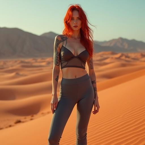 A slender woman stands on a reddish sand dune. She has red hair. She wears a sheer tunic and gray fitted pants. Boots are black. Captured in a wide angle. Cinematic composition with 8K resolution. A confident expression and alien-like features. Blue tattoos on the left side. Natural soft light. Background has a desert planet, mountain range, and large ringed moon. Emphasizes elegance and strength.