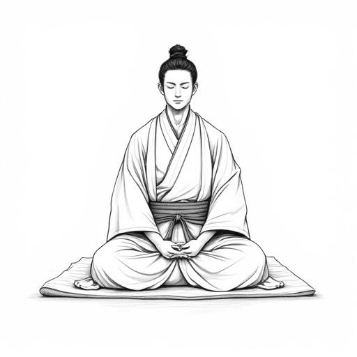 Serene black and white line art illustration of a traditional Japanese man seated in formal seiza or meditative posture wearing a kimono with subtle patterns and simple obi. Hair styled in classic chonmage topknot with closed eyes and hands gently resting on lap evoking calmness and introspection. Features refined linework with cross-hatching for folds and shading. Full figure against a plain white background.