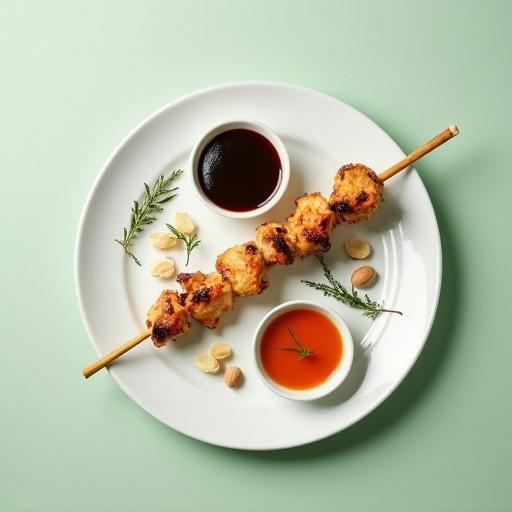 Minimalist food presentation. White round plate with a grilled chicken skewer. Chicken is golden brown with grill marks. Two small dipping dishes with sauces. Dark teriyaki sauce and red-orange Thai sauce. Fresh thyme sprigs and whole almonds are included. Soft light green background with gentle lighting.