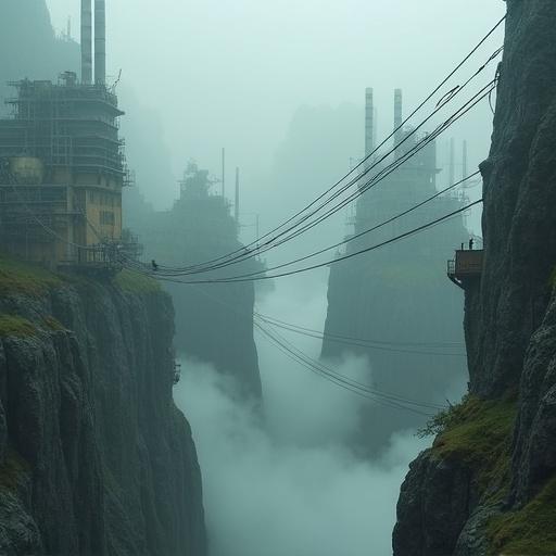 Foggy industrial landscape featuring factories powered by wave energy. The scene includes intricate pulley-driven elevators. Gray cliffs enclose a deep valley. Visibility is low due to the thick mist. Depicts a futuristic working-class society.