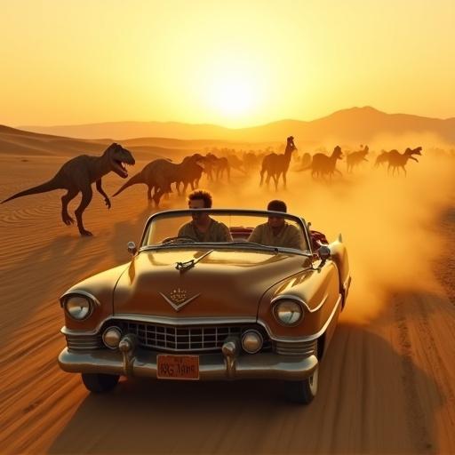 A dusty Cadillac Eldorado Convertible speeds down a desert road at sunset. Jack Tenrec drives with determination. Hannah Dundee holds a rifle pointed backward. A herd of dinosaurs charges behind, with a muzzle flash visible. The sunset casts shadows over sand dunes. Dust clouds swirl due to the car's speed and pursuing creatures.