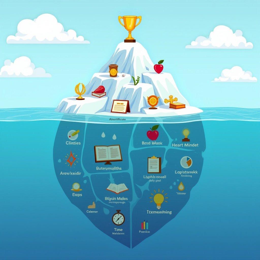 Iceberg illustration showing achievements above water. Upper part has trophies medals certificates in a calm sea. Larger underwater section reveals hard work challenges. Symbols include a broken heart for sacrifice health icons light bulb for growth mindset tears for emotions planner for daily goals clock for time management persistence graphics sleepless nights determination.