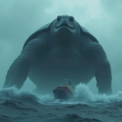 Cinematic scene depicting a gigantic 200 ft tall dark greyish blue turtle rising from the ocean. Turtle has tusk teeth and large clawed hands. A cargo ship is in front, capsizing in the waves. Mist and clouds surround the scene with crashing waves and foam. High detail and realism in textures and shadows.